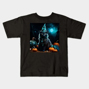 Sorceress black cat on Halloween night Kids T-Shirt